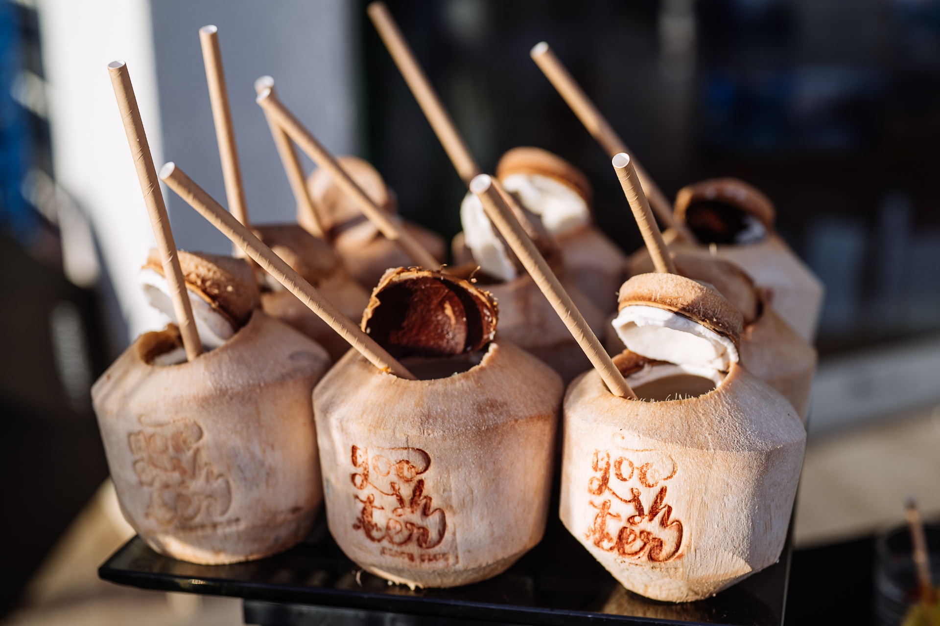 Welcome drinks served in coconuts